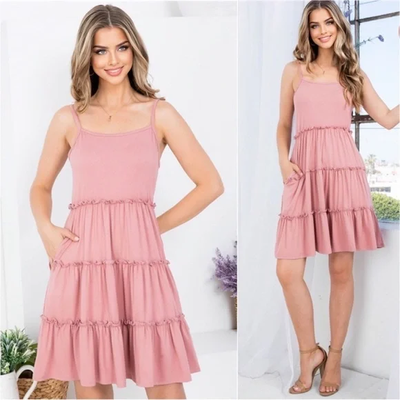 Mauve Women’s Tiered Ruffle Flowy Must Have Dress (WITH POCKETS!) - Picture 1 of 4